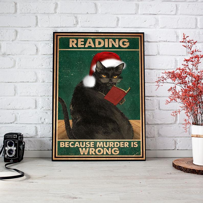 Personalized Photo Canvas Prints Gift for Cat Lovers Reading Because Murder Is Wrong Gift Vintage Home Wall Decor Canvas - Mostsuit