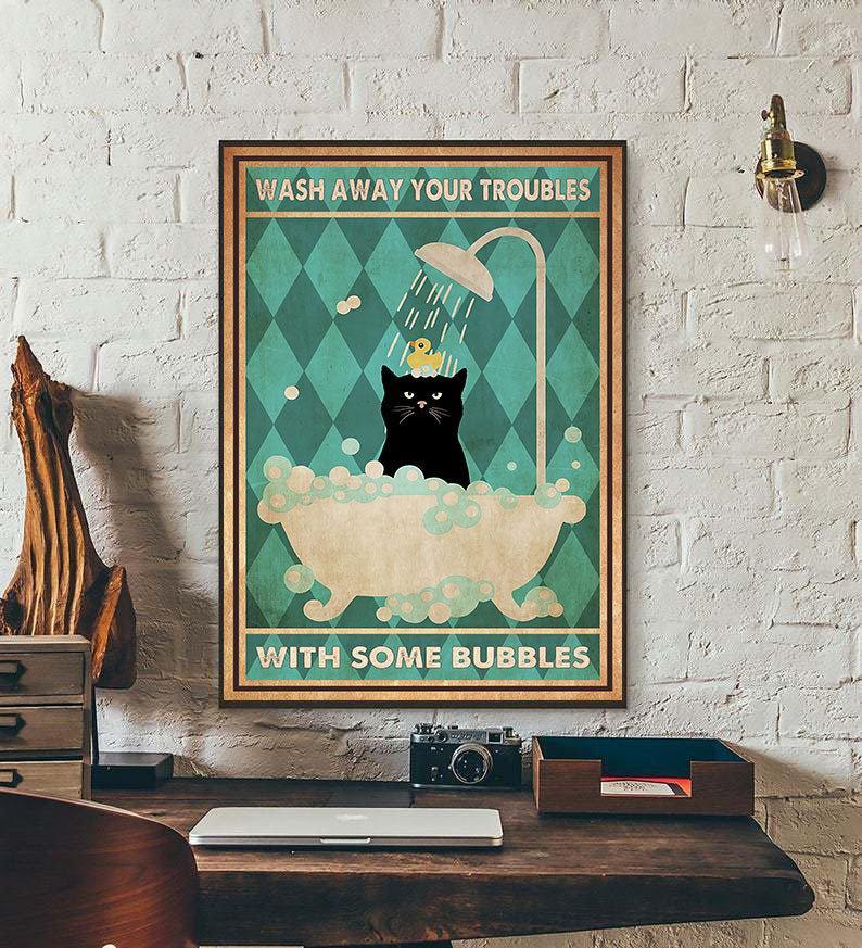 Canvas Prints Gift for Cat Lovers Wash Away Your Troubles With Some Bubbles Gift Vintage Home Wall Decor Canvas - Mostsuit