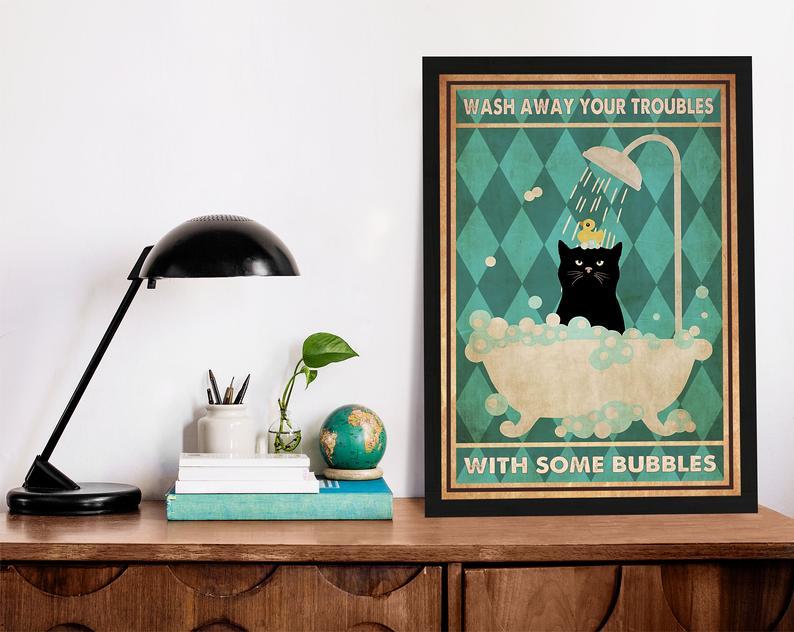 Canvas Prints Gift for Cat Lovers Wash Away Your Troubles With Some Bubbles Gift Vintage Home Wall Decor Canvas - Mostsuit