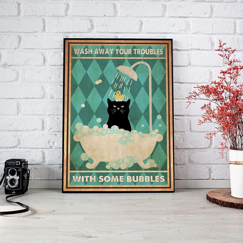 Canvas Prints Gift for Cat Lovers Wash Away Your Troubles With Some Bubbles Gift Vintage Home Wall Decor Canvas - Mostsuit