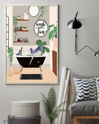 Shark In bathtub Canvas Prints Shark Wash Your Fins Wall Art Bathroom Gifts Vintage Home Wall Decor Canvas - Mostsuit