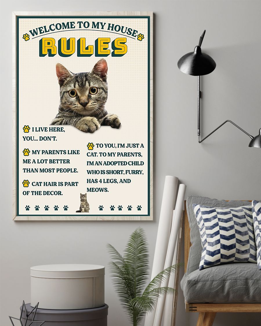 Personalized Photo Canvas Prints Gift for Cat Lovers Welcome To My House Rules Birthday Gift Vintage Home Wall Decor Canvas - Mostsuit