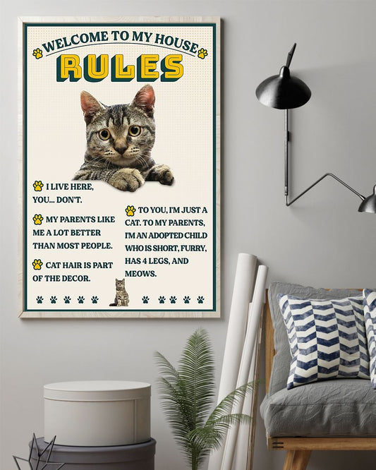 Personalized Photo Canvas Prints Gift for Cat Lovers Welcome To My House Rules Birthday Gift Vintage Home Wall Decor Canvas - Mostsuit