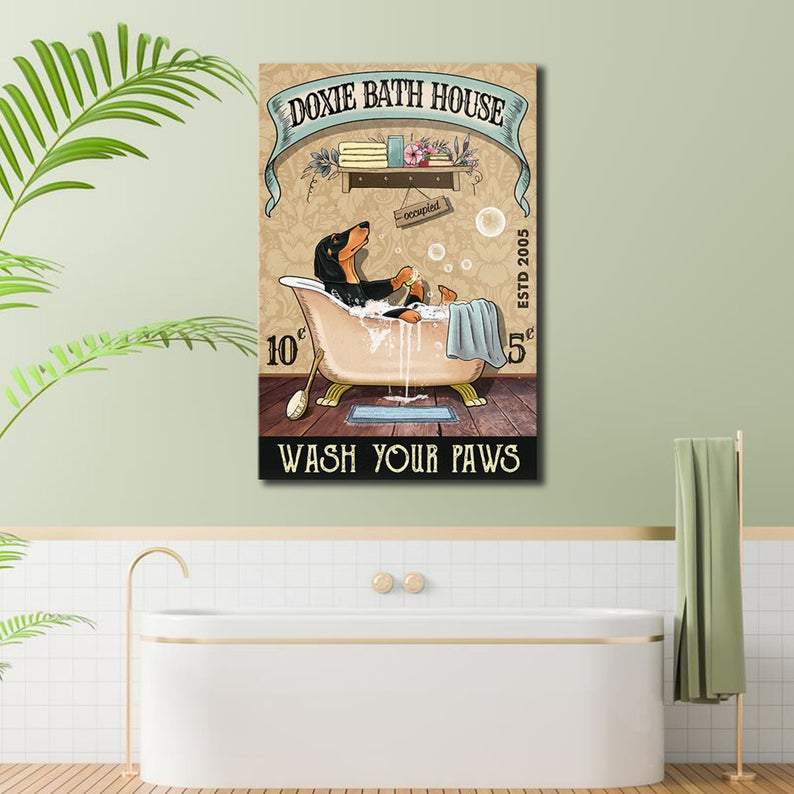 Personalized Photo And Text Canvas Prints Gift for Dog Lovers Dachshund Bath House Birthday Presents Vintage Home Wall Decor Canvas - Mostsuit