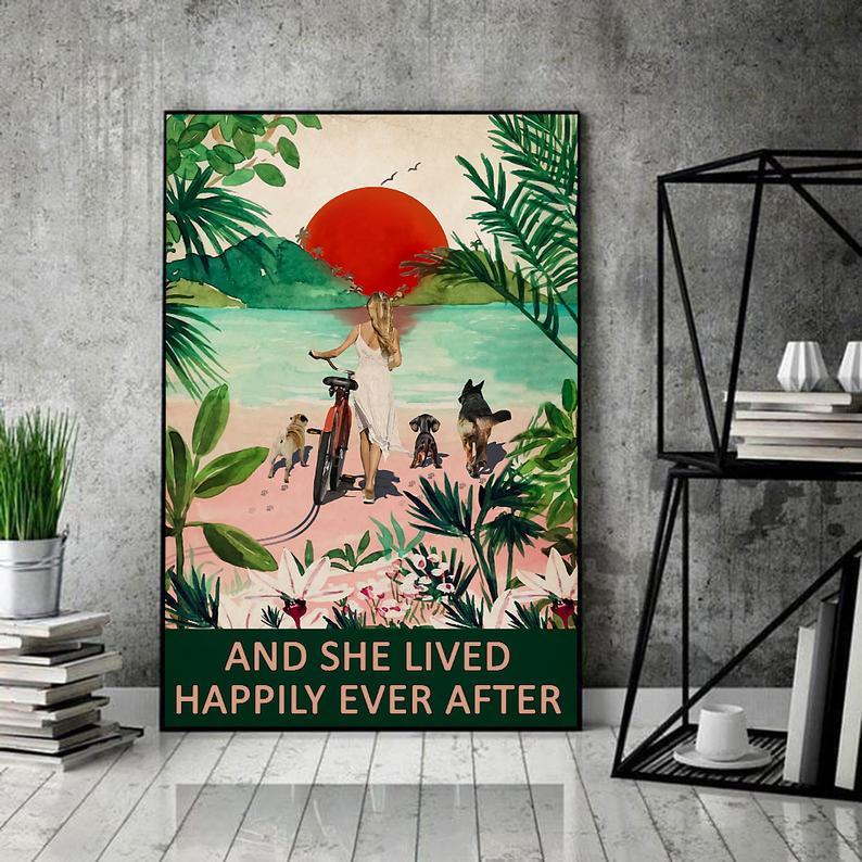 Canvas Prints Gift for Dog Lovers Girl Surfing And Into The Ocean Birthday Gift Vintage Home Wall Decor Canvas - Mostsuit