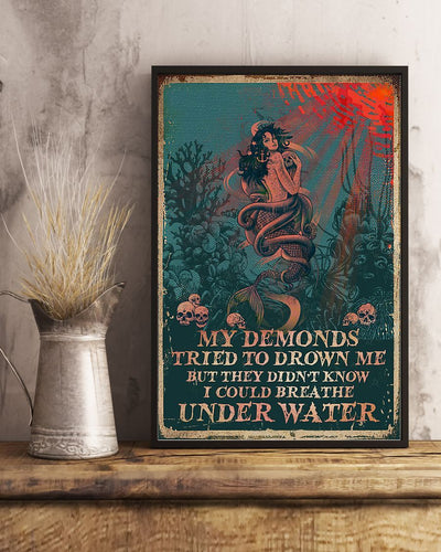 Mermaid Canvas Prints My Demonds Tried to Drown Me but They Didn't Know Wall Art Vintage Home Wall Decor Canvas - Mostsuit