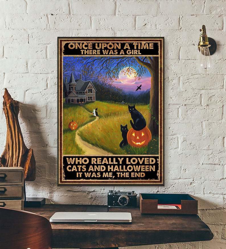 Canvas Prints Once For A Girl Who Really Loved Cats and Halloween Gift Vintage Home Wall Decor Canvas - Mostsuit