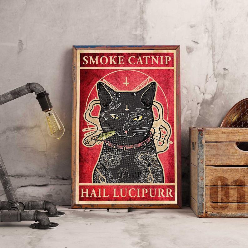 Prints Canvas Gift for Cat Lover Smoke Catnip Hail Lucipurr Birthday Gifts Vintage Home Wall Decor Canvas - Mostsuit