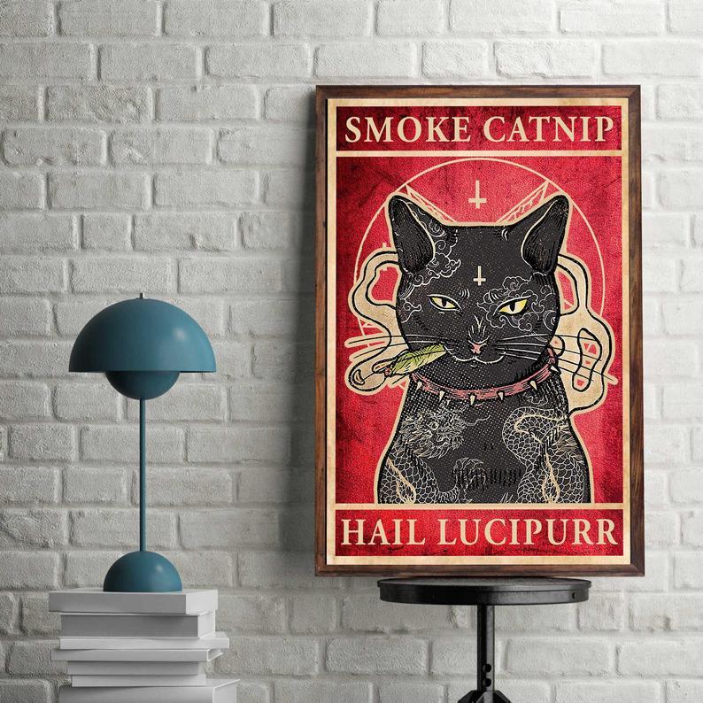 Prints Canvas Gift for Cat Lover Smoke Catnip Hail Lucipurr Birthday Gifts Vintage Home Wall Decor Canvas - Mostsuit