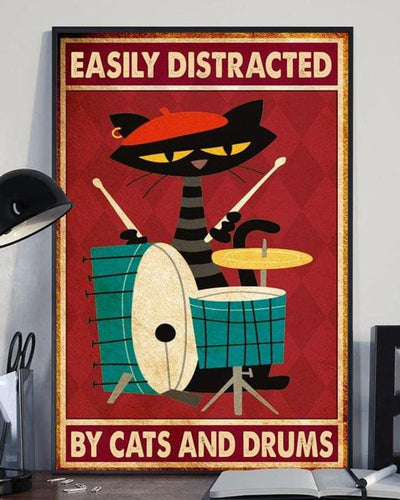 Canvas Prints Gift for Cat Easily Distracted By Cats And Drums Gift Vintage Home Wall Decor Canvas - Mostsuit