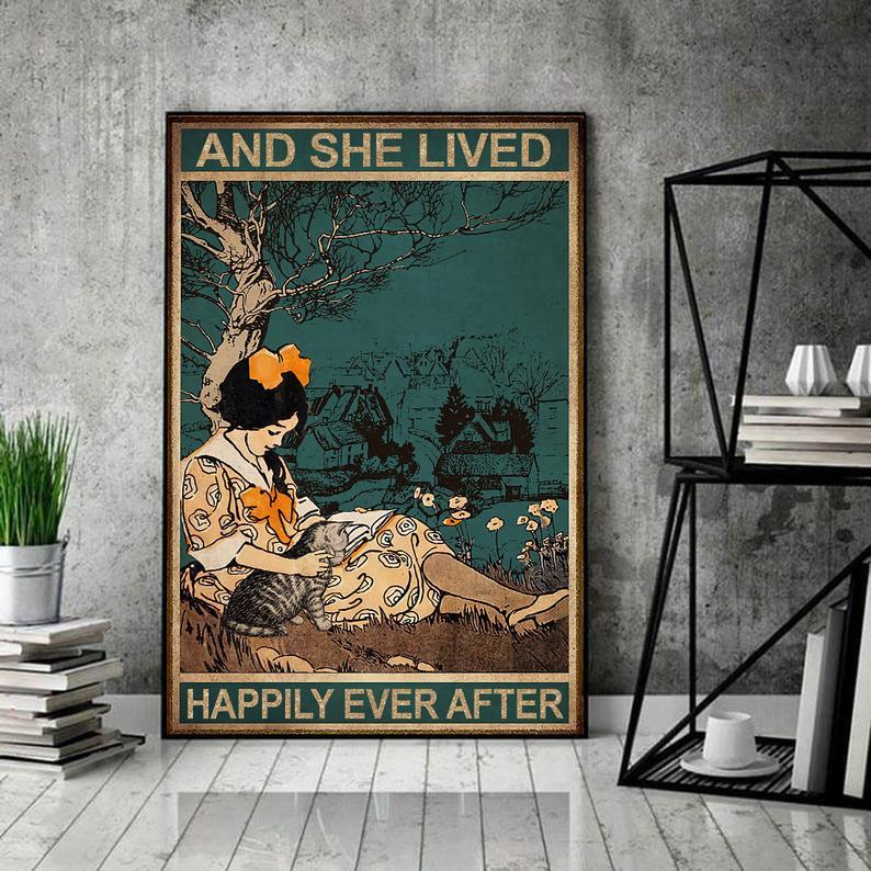 Prints Canvas Gift for Cat Lover And She Lived Happily Ever After Birthday Gifts Vintage Home Wall Decor Canvas - Mostsuit