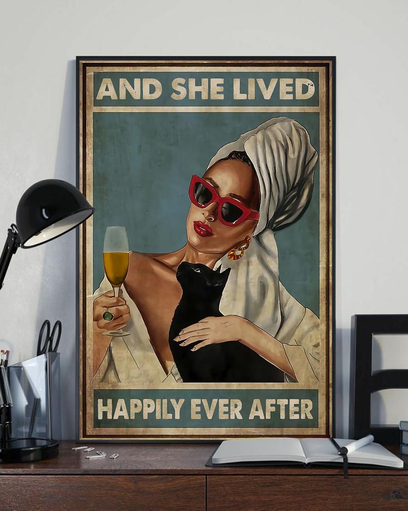 Prints Canvas Gift for Cat Lover Drinking Wine, and She Lived Happily Ever After Birthday Gifts Vintage Home Wall Decor Canvas - Mostsuit