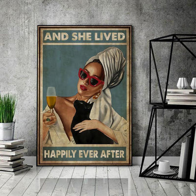 Prints Canvas Gift for Cat Lover Drinking Wine, and She Lived Happily Ever After Birthday Gifts Vintage Home Wall Decor Canvas - Mostsuit