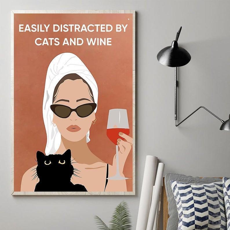 Canvas Prints Gift for Cat Lover Easily Distracted By Cats And Wine Birthday Gifts Vintage Home Wall Decor Canvas - Mostsuit