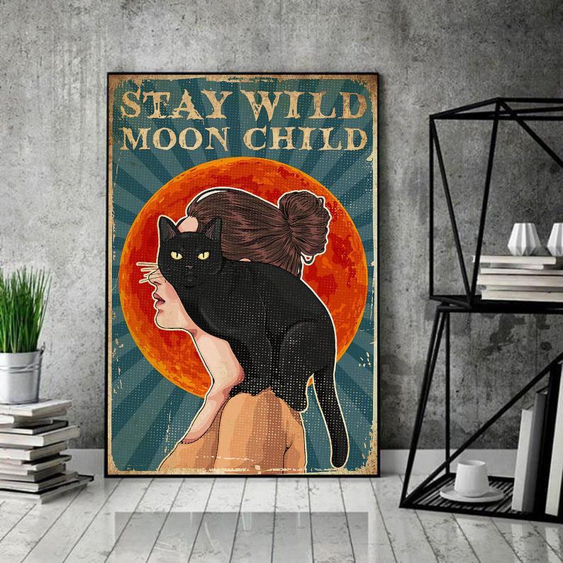 Matte Canvas Gift for Cat Lover Stay Wild Moon Child Birthday Gifts Vintage Home Wall Decor Canvas - Mostsuit