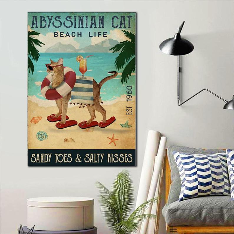 Canvas Prints Gift for Cat Lovers Abyssinian Cat Beach Life Gift Vintage Home Wall Decor Canvas - Mostsuit