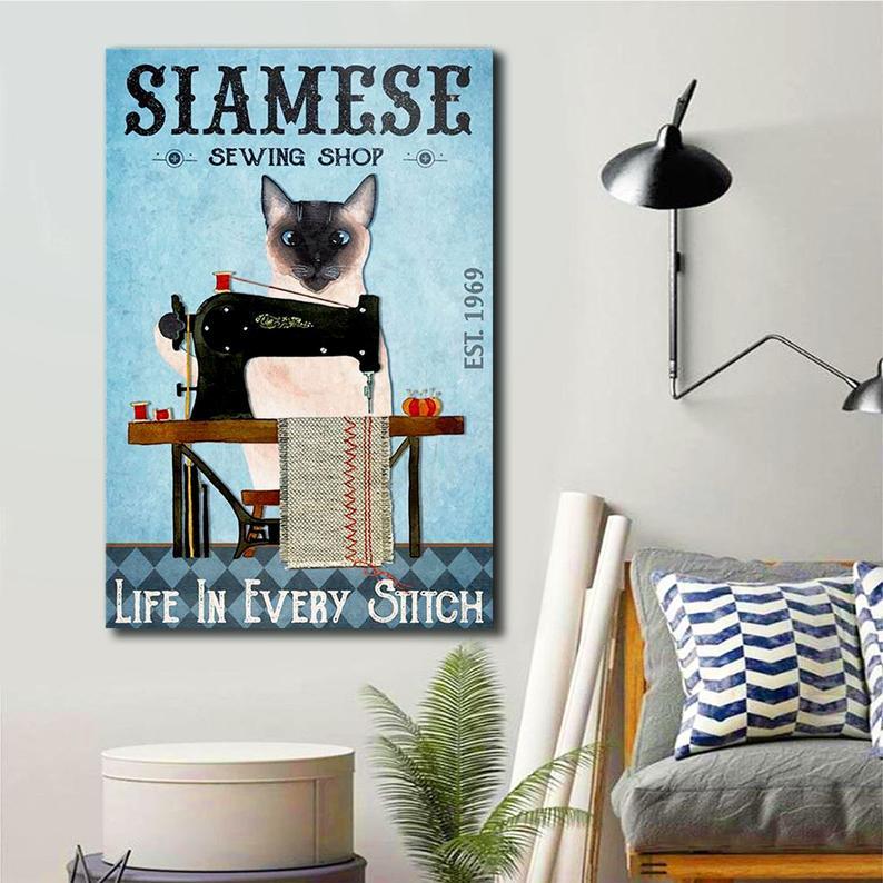 Personalized Photo Canvas Prints Gift for Lovers Siamese Cat Sewing Shop Life In Every Stitch Birthday Gift Vintage Home Wall Decor Canvas - Mostsuit
