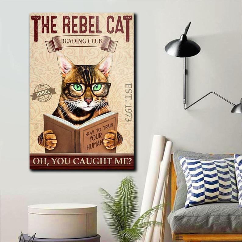 Personalized Photo Canvas Prints Gift for Lovers The Rebel Cat Reading Club Birthday Gift Vintage Home Wall Decor Canvas - Mostsuit