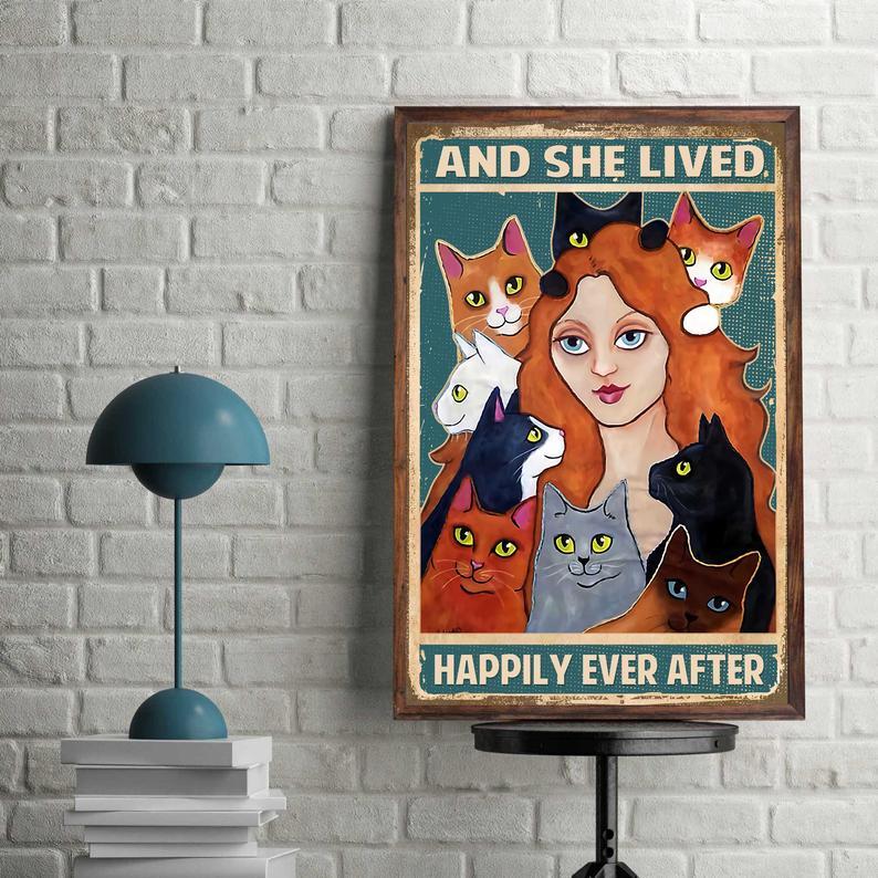 Prints Canvas Gift for Cat Lover And She Lived Happily Ever After Gifts Ideas Vintage Home Wall Decor Canvas - Mostsuit