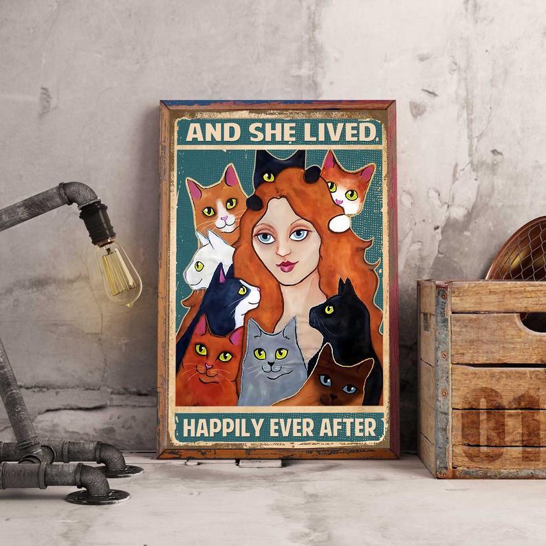 Prints Canvas Gift for Cat Lover And She Lived Happily Ever After Gifts Ideas Vintage Home Wall Decor Canvas - Mostsuit