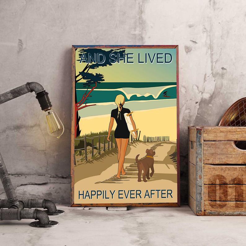 Prints Canvas Girl Lived Happily With Dogs And Surfing Birthday Gifts Vintage Home Wall Decor Canvas - Mostsuit