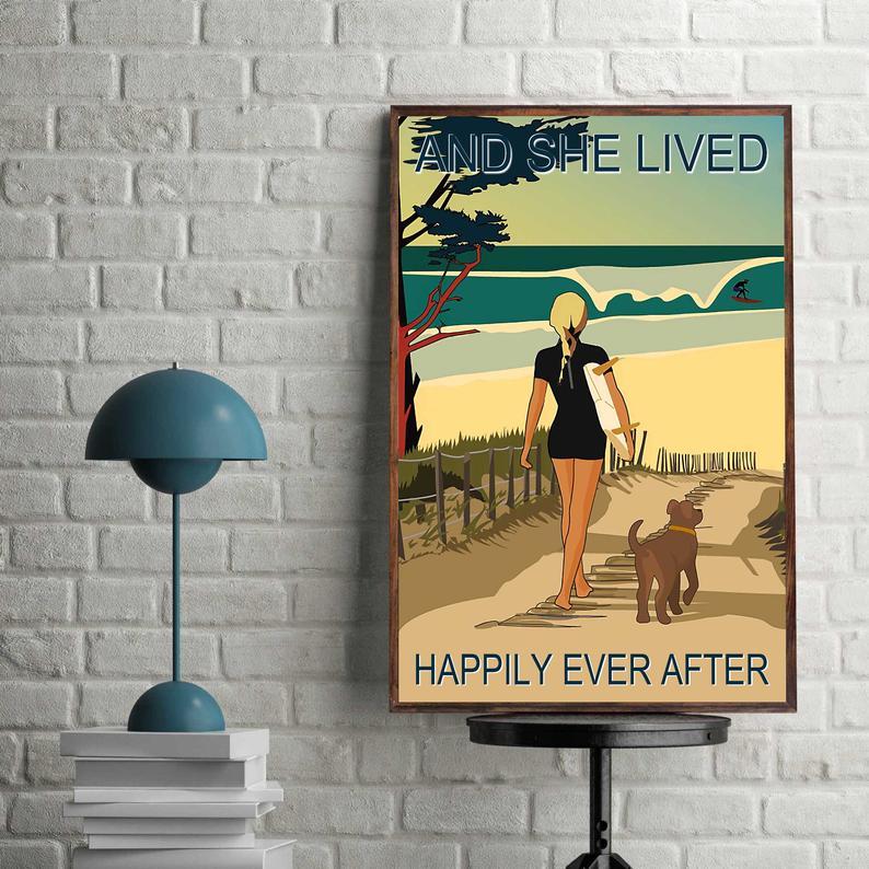 Prints Canvas Girl Lived Happily With Dogs And Surfing Birthday Gifts Vintage Home Wall Decor Canvas - Mostsuit