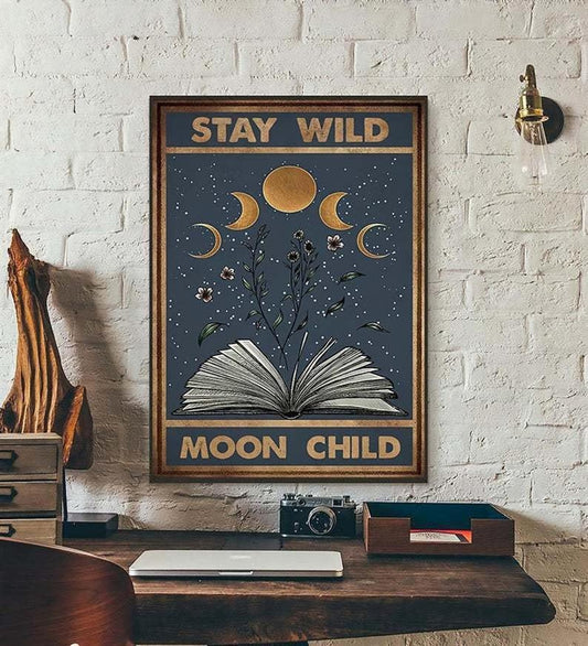 Prints Canvas Stay Wild Moon Child Poster, Love Reading Book Gifts Vintage Home Wall Decor Canvas - Mostsuit