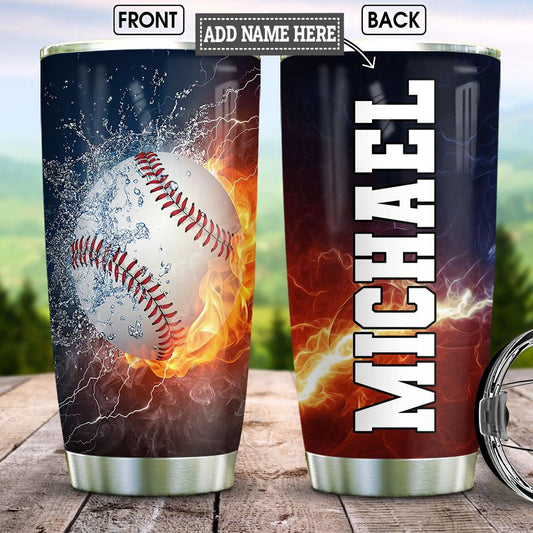 Personalized Baseball Water Fire Stainless Steel Tumbler Cups Drinkware 20oz - MostSuit