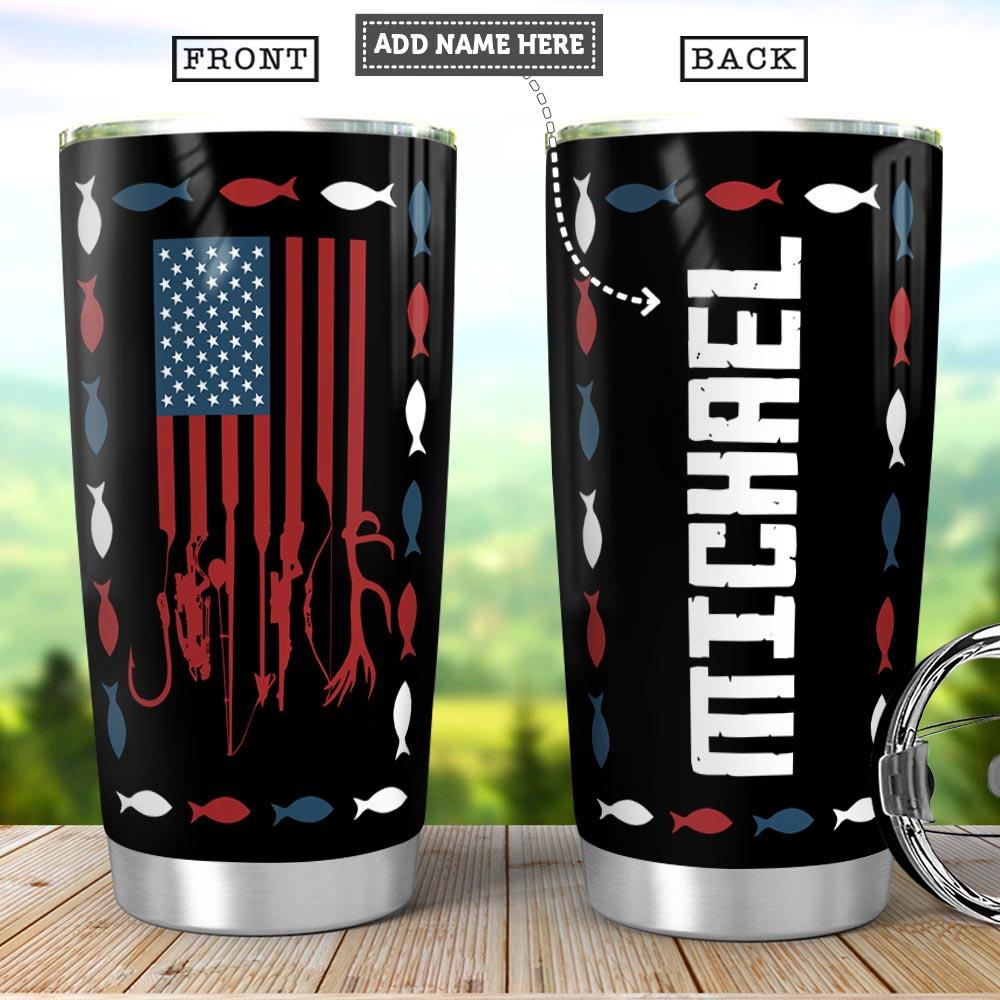 Personalized American Flag Hunting Fishing Fishing Rod Fishing Tackle Stainless Steel Tumbler Cups Drinkware 20oz - MostSuit
