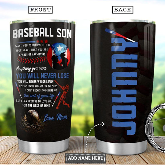 Personalized Puerto Rico Baseball Mom To Son Stainless Steel Tumbler Cups Drinkware 20oz - MostSuit