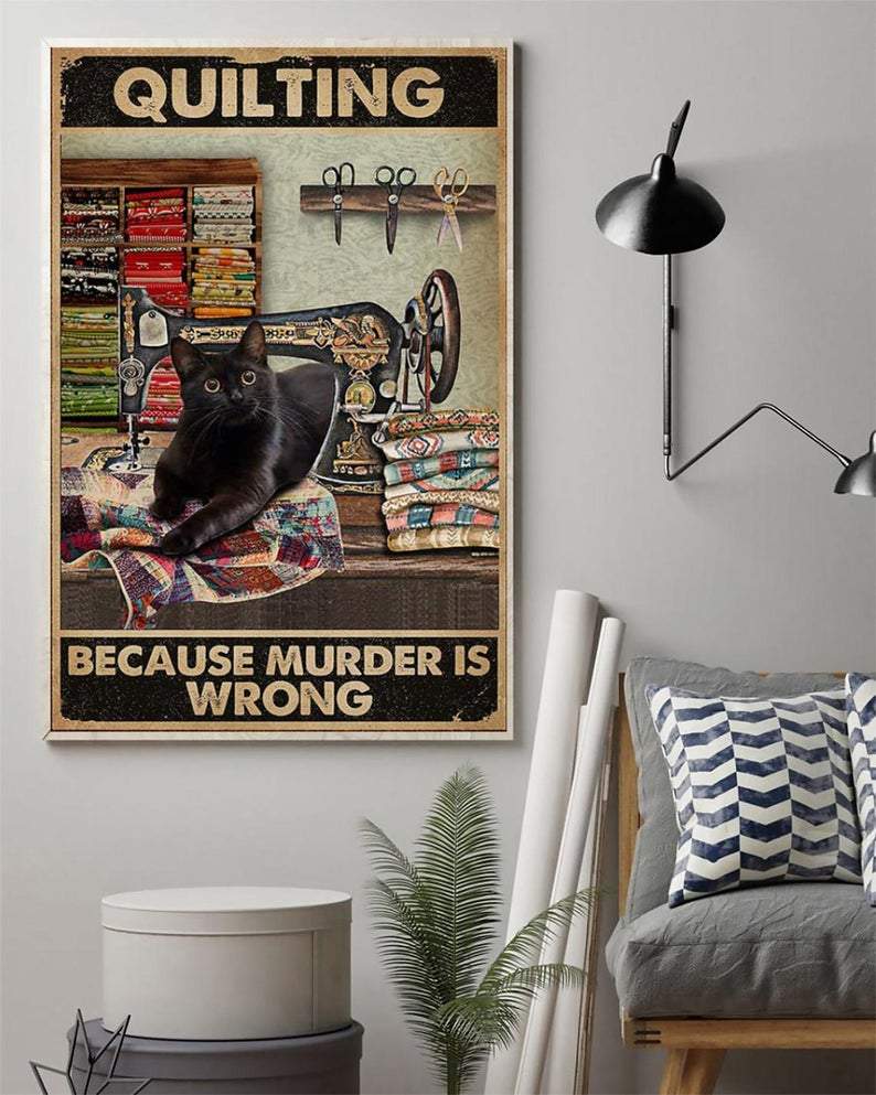 Personalized Photo Canvas Prints for Loves Black Cat Retro Quilting Because Murder Is Wrong Birthday Gifts Vintage Home Wall Decor Canvas - Mostsuit