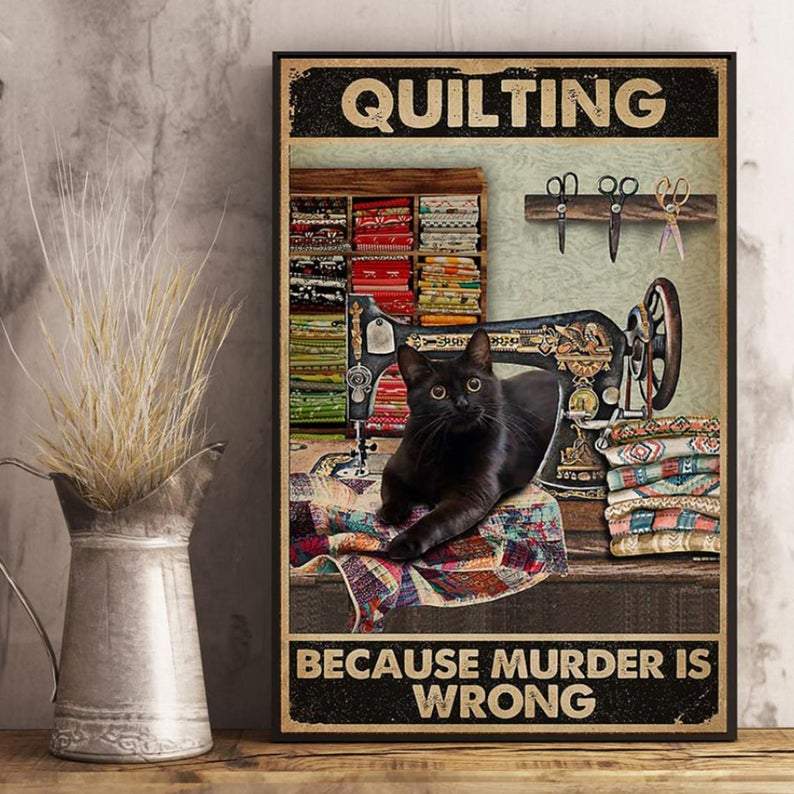 Personalized Photo Canvas Prints for Loves Black Cat Retro Quilting Because Murder Is Wrong Birthday Gifts Vintage Home Wall Decor Canvas - Mostsuit