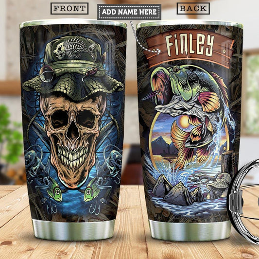 Skull Fishing Personalized Fishing Rod Fishing Tackle Stainless Steel Tumbler Cups Drinkware 20oz - MostSuit