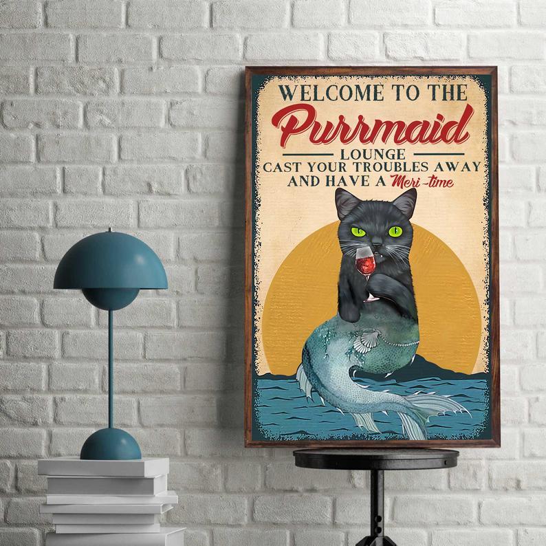 Prints Canvas Gift for Loves Cat Welcome to the Purrmaid Gifts Vintage Home Wall Decor Canvas - Mostsuit