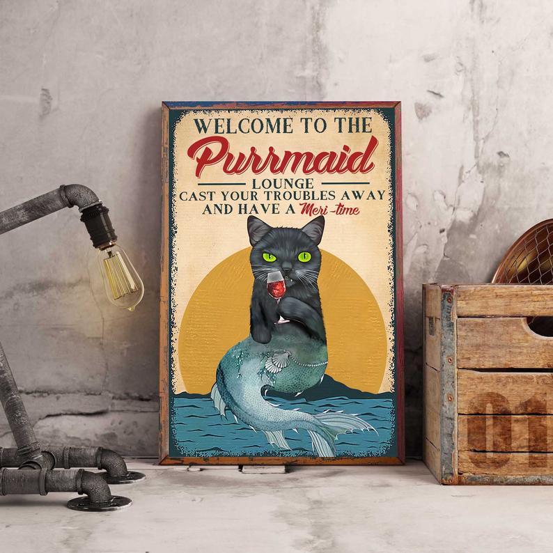 Prints Canvas Gift for Loves Cat Welcome to the Purrmaid Gifts Vintage Home Wall Decor Canvas - Mostsuit