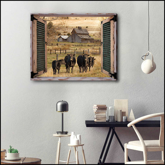 Mostsuit Farm Farmhouse Window Barn With Angus Cow Canvas Wall Art Decor