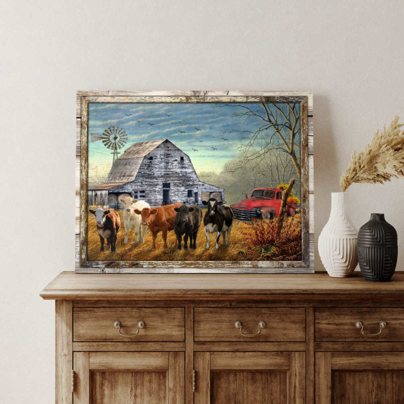 Canvas Poster Prints Beautiful Farmhouse Cows and Sunflower Pick up Truck Wall Art Decor