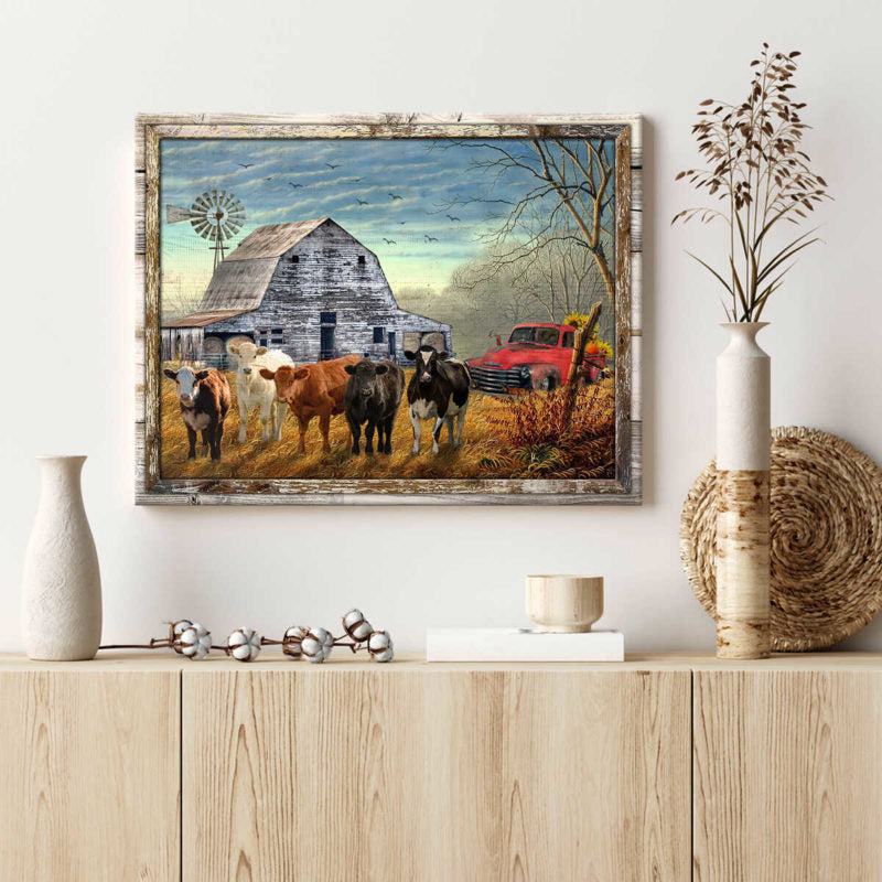 Canvas Poster Prints Beautiful Farmhouse Cows and Sunflower Pick up Truck Wall Art Decor
