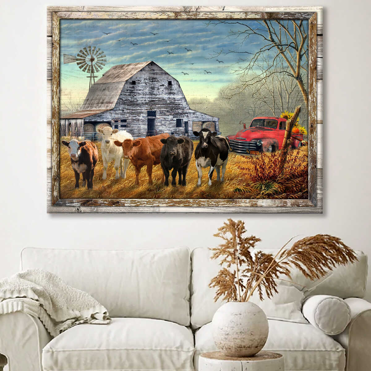 Canvas Poster Prints Beautiful Farmhouse Cows and Sunflower Pick up Truck Wall Art Decor
