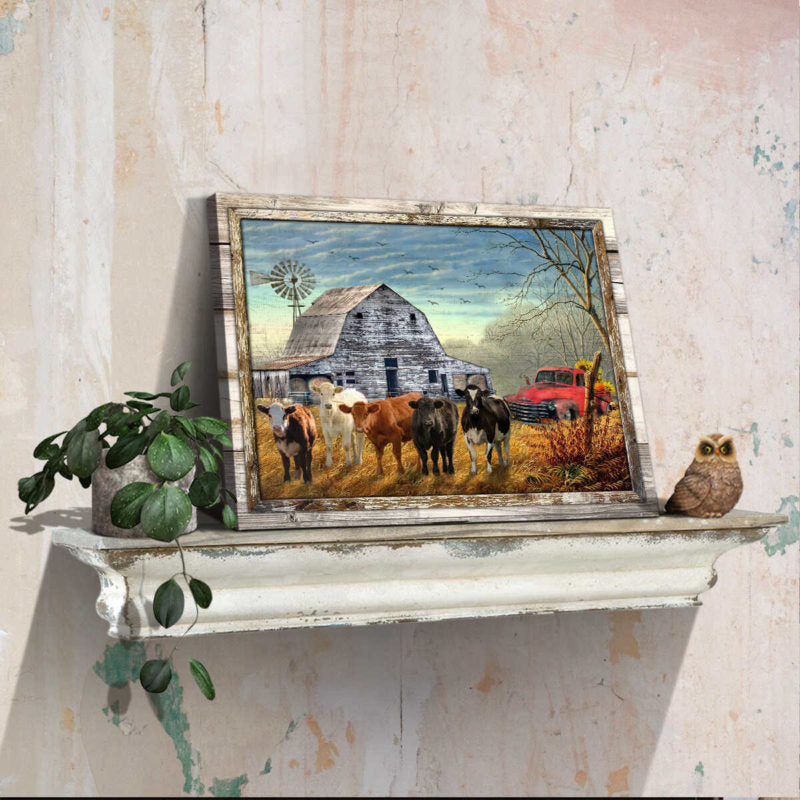 Canvas Poster Prints Beautiful Farmhouse Cows and Sunflower Pick up Truck Wall Art Decor