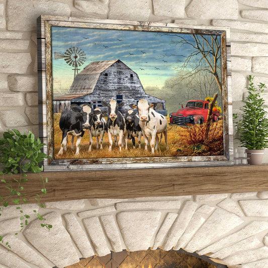 Canvas Prints Beautiful Farmhouse Holstein Cattle and Sunflower Pick up Truck Wall Art Decor
