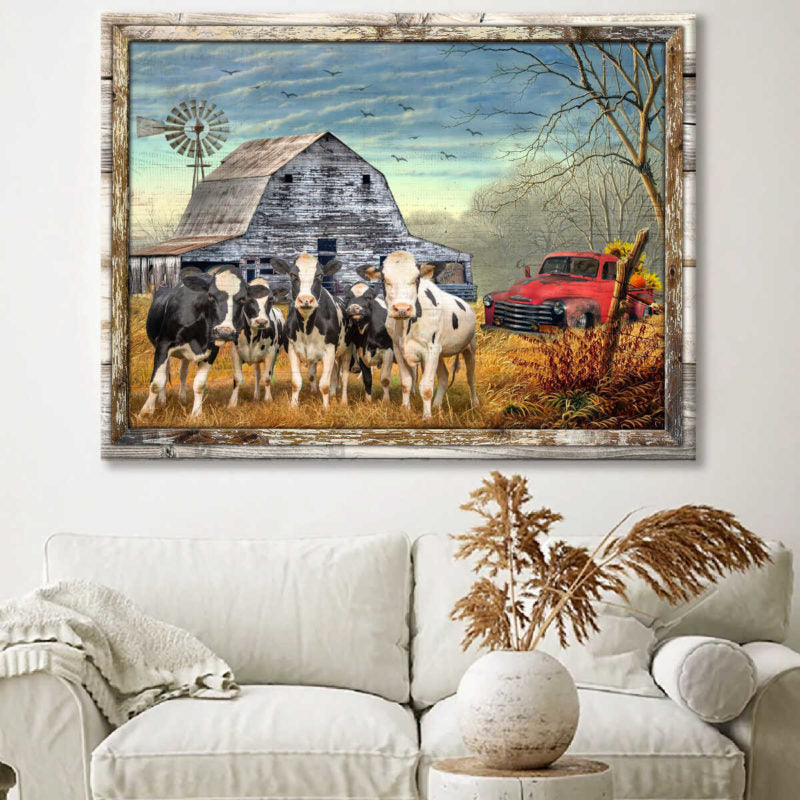 Canvas Poster Prints Beautiful Farmhouse Holstein Cattle and Sunflower Pick up Truck Wall Art Decor