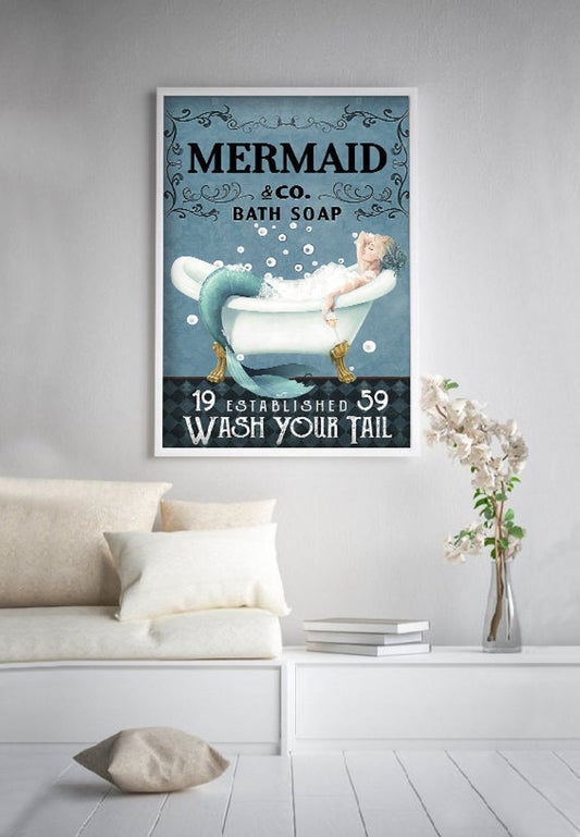Mermaid Poster-Wash Your Tail, Mermaid Decor, Nursery Wall Art Decor, Mermaid Lovers, Bathroom Wall Art, Home Decor, beach house décor