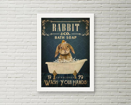 Rabbit & Co Bath Soap-Wash Your Hands Poster, Rabbits Poster Print, Funny Rabbit Poster, Bunny Rabbit Decor,Bath Room Decor, Nursery Décor