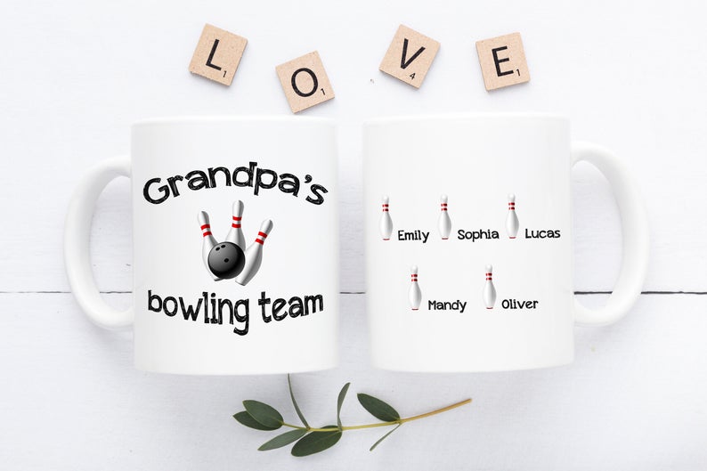 Father's Day Grandpa Bowling Mug, Papa Grandpa Gifts, Personalized Grandpa Coffee Cup, Grandfather Gift With Grandkids Names