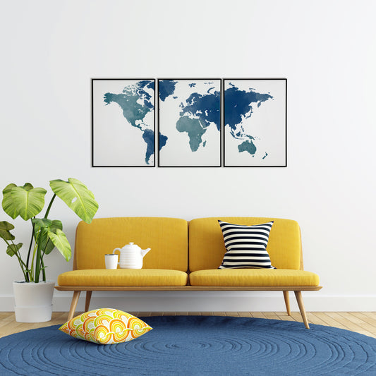 World map watercolor, Triptych Wall Décor Poster Print.