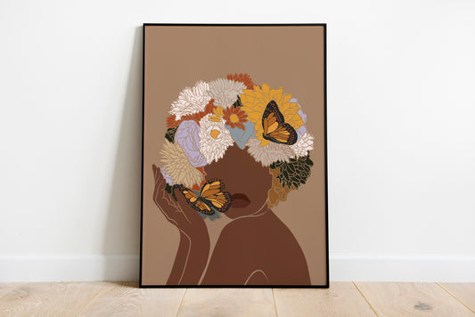 African Woman Art, Flower Head Woman, Black Woman Poster, Black Girl Poster, Boho Art.