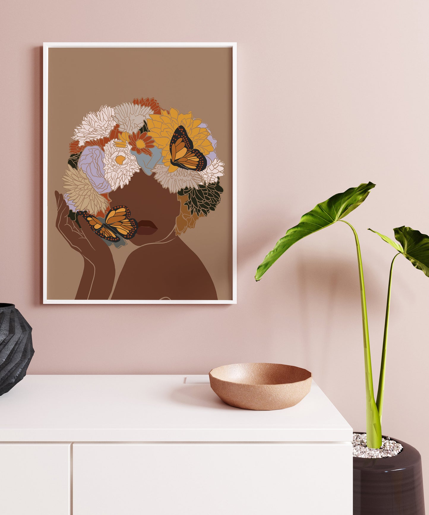 African Woman Art, Flower Head Woman, INSTANT DOWNLOAD, Black Woman Wall Art, Black Girl Wall Art, Boho Art, Fashion print, Printable Art.