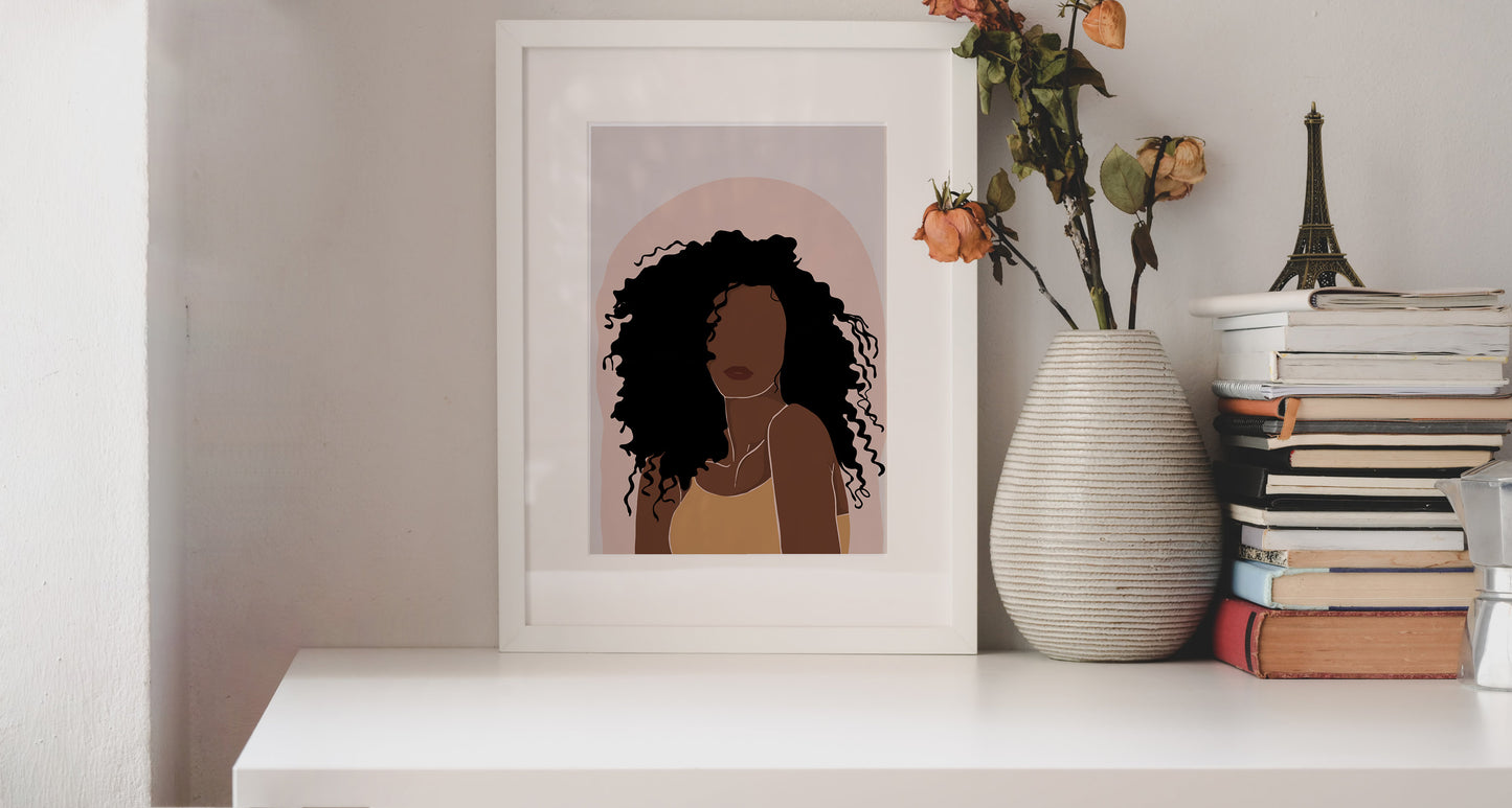 Female Portrait art, Modern wall art, Black woman art, African American woman art, Black girl Illustration, Fashion print, Boho woman art