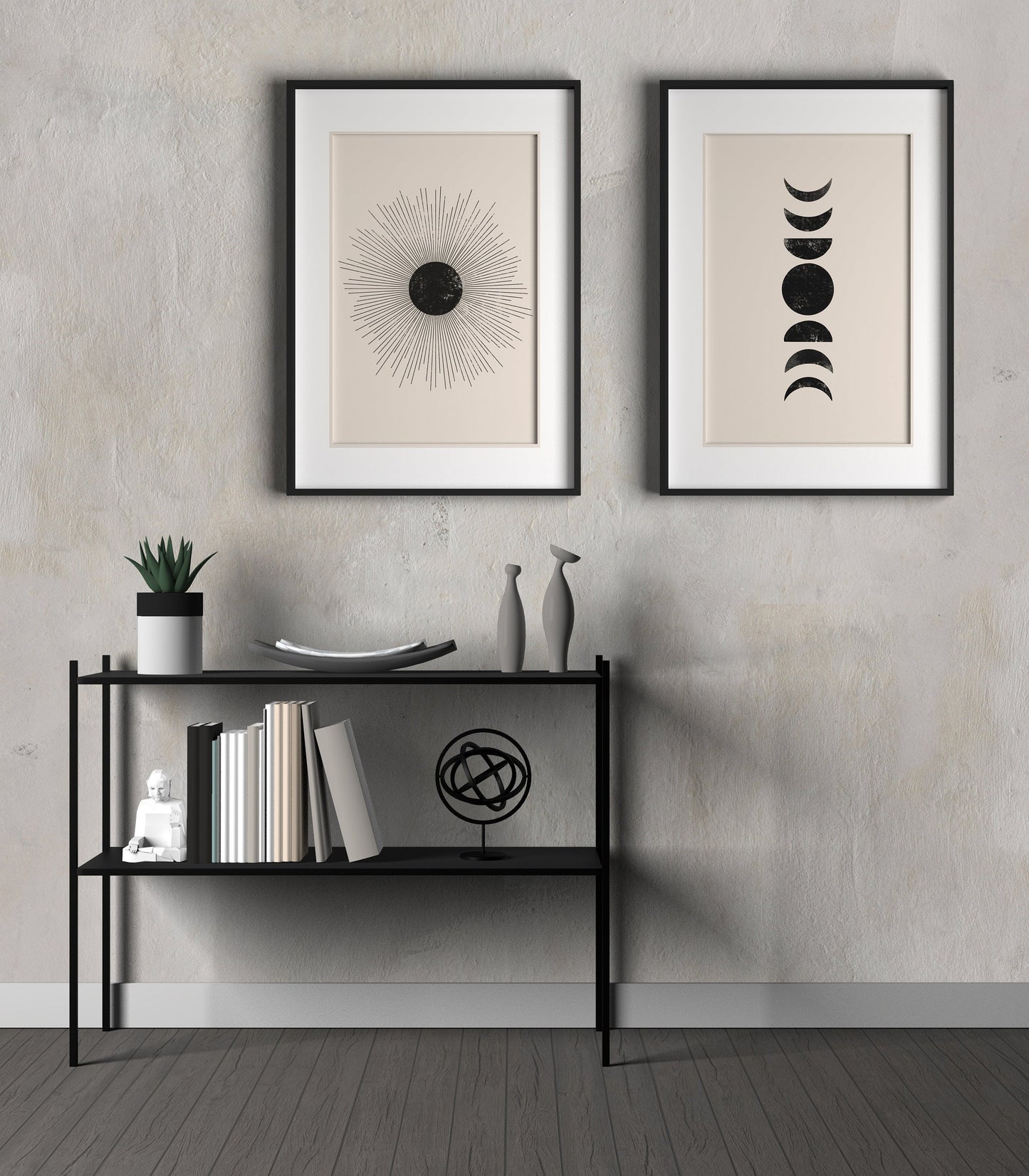 Sun Moon Wall Art- Set of 2 Modern Wall Art, Boho Wall Print Minimalist Art Abstract Sun Moon Art Print Boho Art Mid Century Modern Art.